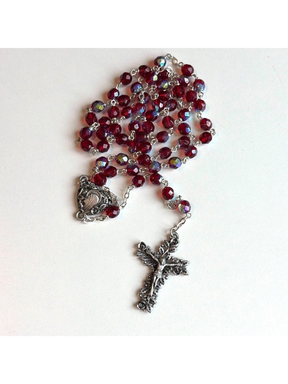 VTG Rosary Beads Red Faceted Beads Aurora Borealis Floral Crucifix & Virgin Mary